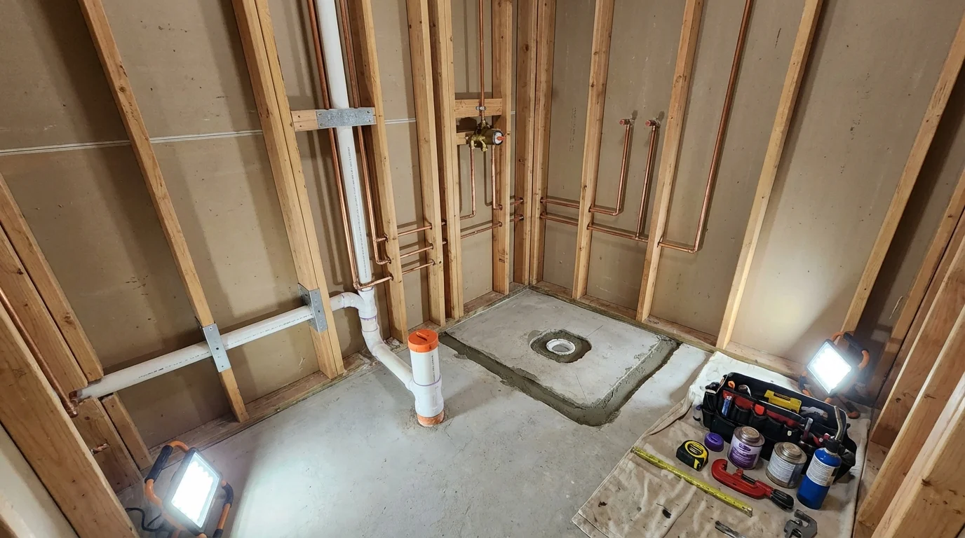 Bathroom rough-in plumbing during remodel by Johns Plumbing LLC in Suamico