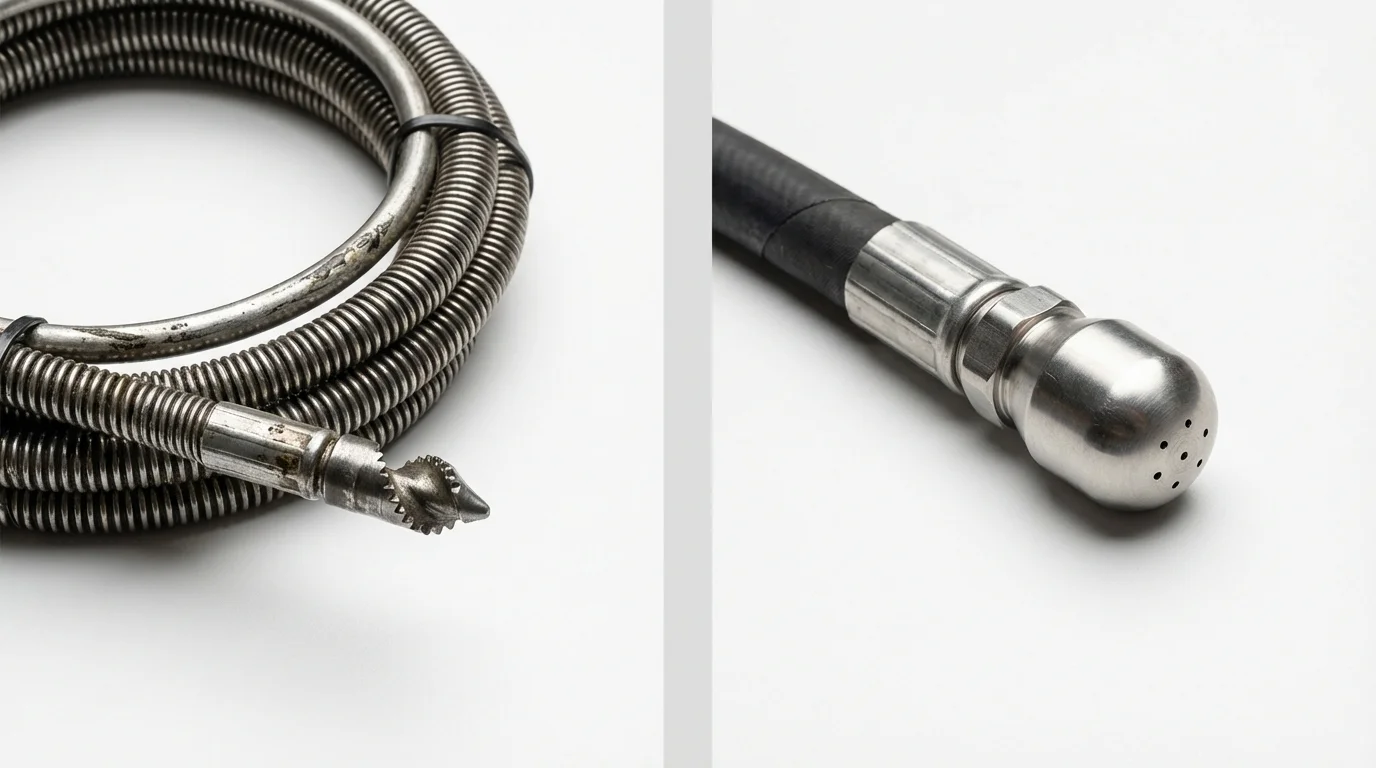 Drain snake cable and hydro jetting nozzle used for drain cleaning in Suamico, WI
