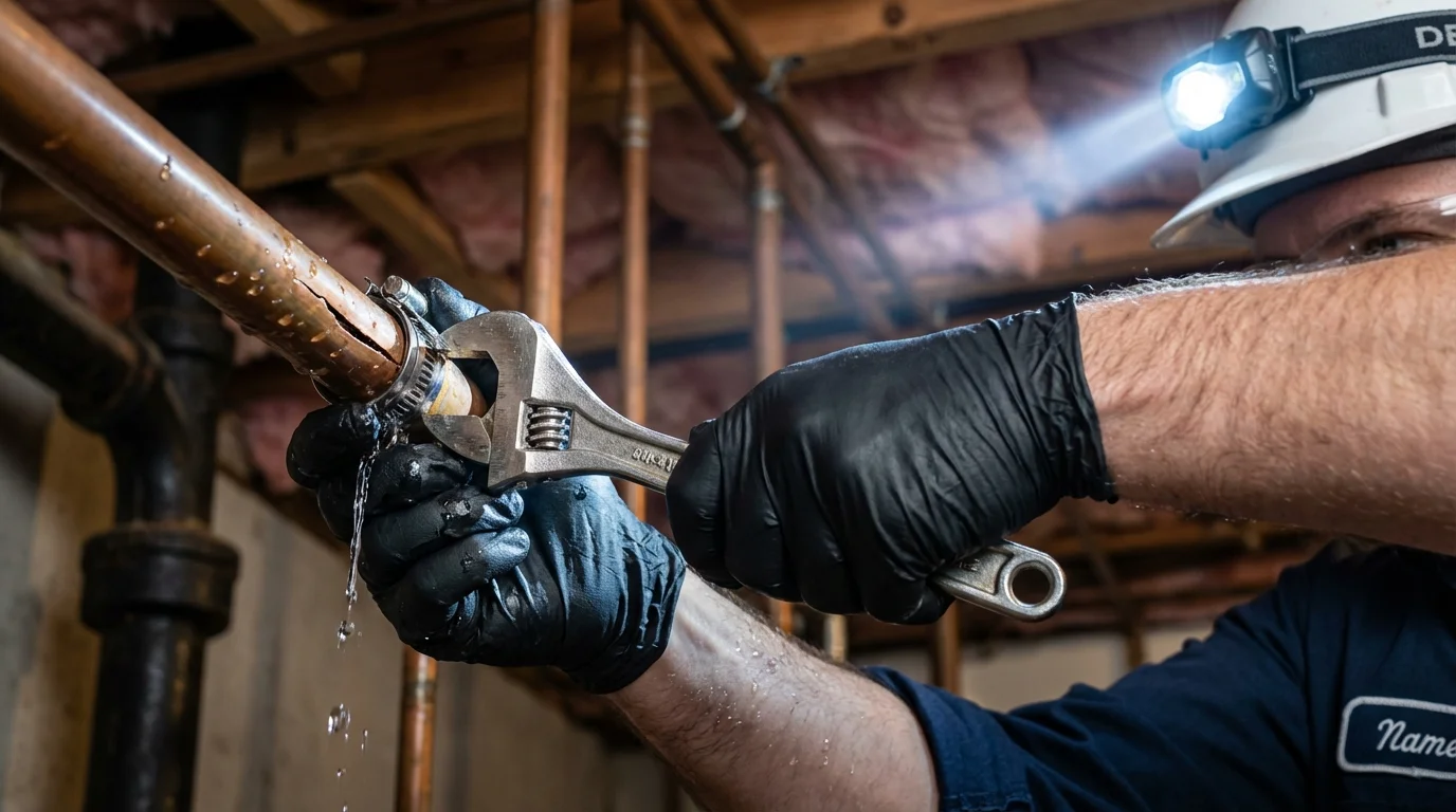 Emergency pipe clamp repair being performed by a Johns Plumbing LLC plumber in Suamico