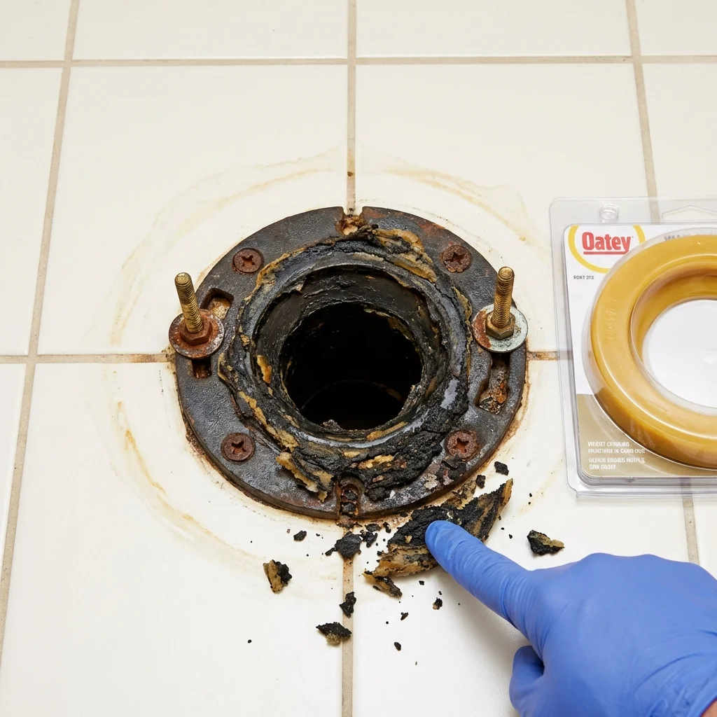 Failed wax ring showing water seepage at the base of a toilet in a Suamico, WI home