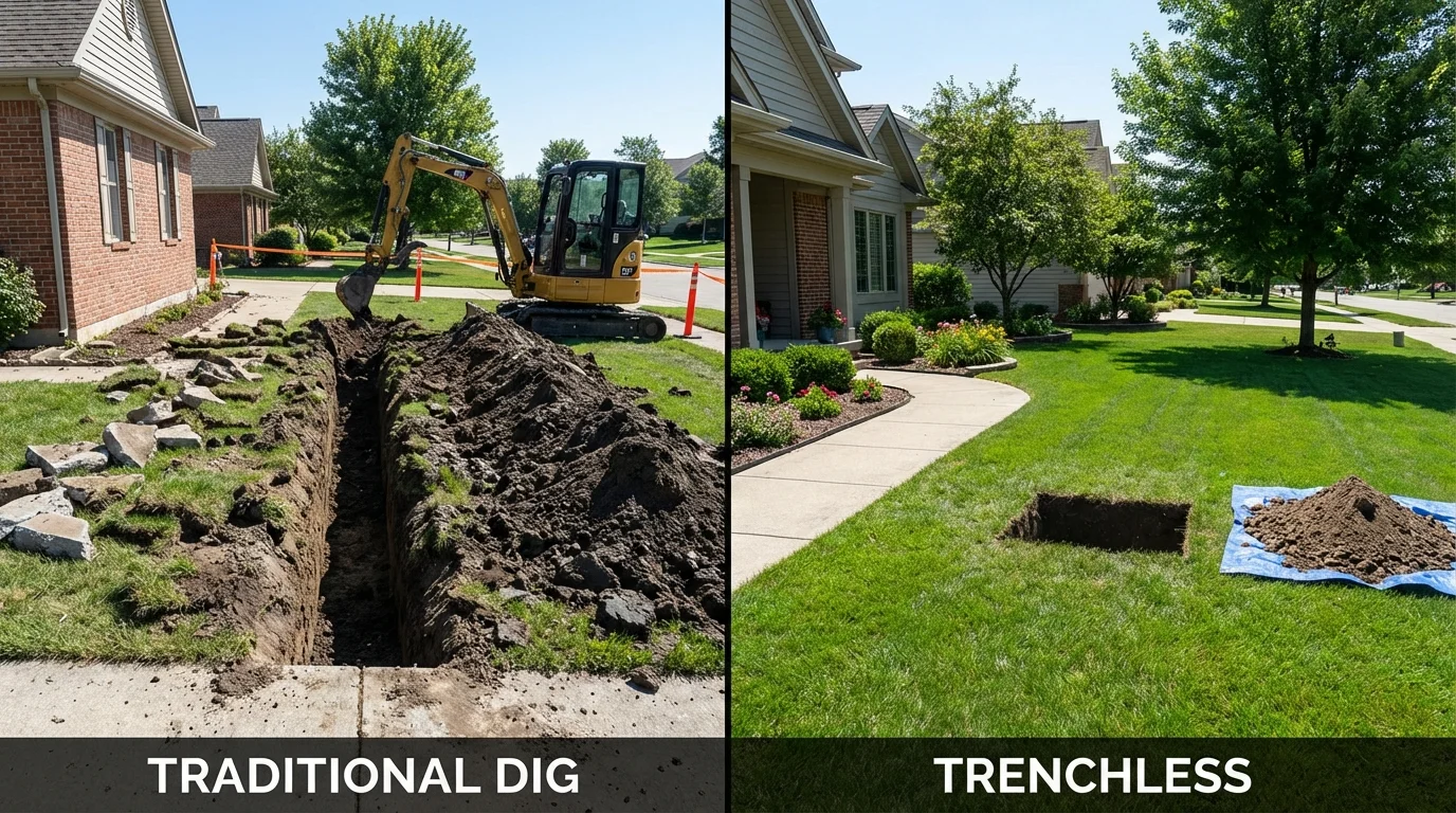 Trenchless sewer repair with minimal yard damage versus traditional excavation in Suamico, WI