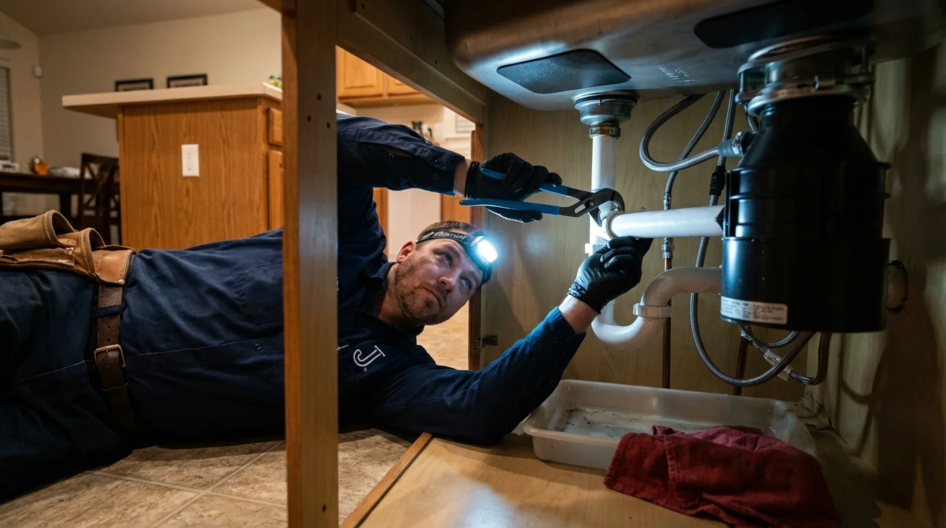 P-trap and supply line connections under a kitchen sink showing a common leak point in Suamico, WI
